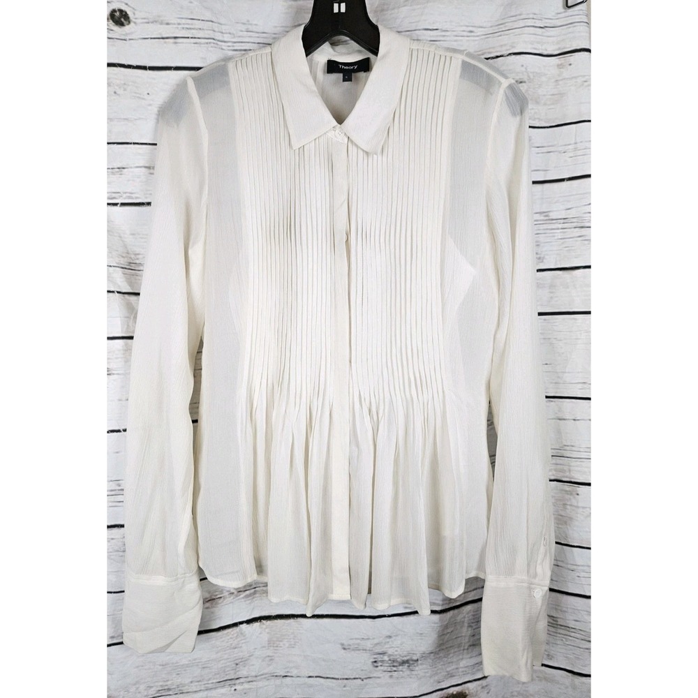 Theory Ivory 100% Silk Blouse S Womens Pleated Tunic Sheer Fit & Flare Womens